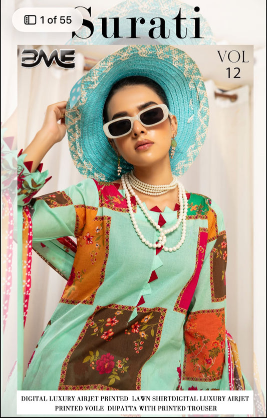 Surati Vol-12 Digital Luxury Airjet Printed Lawn 3 Piece Unstitched Suit